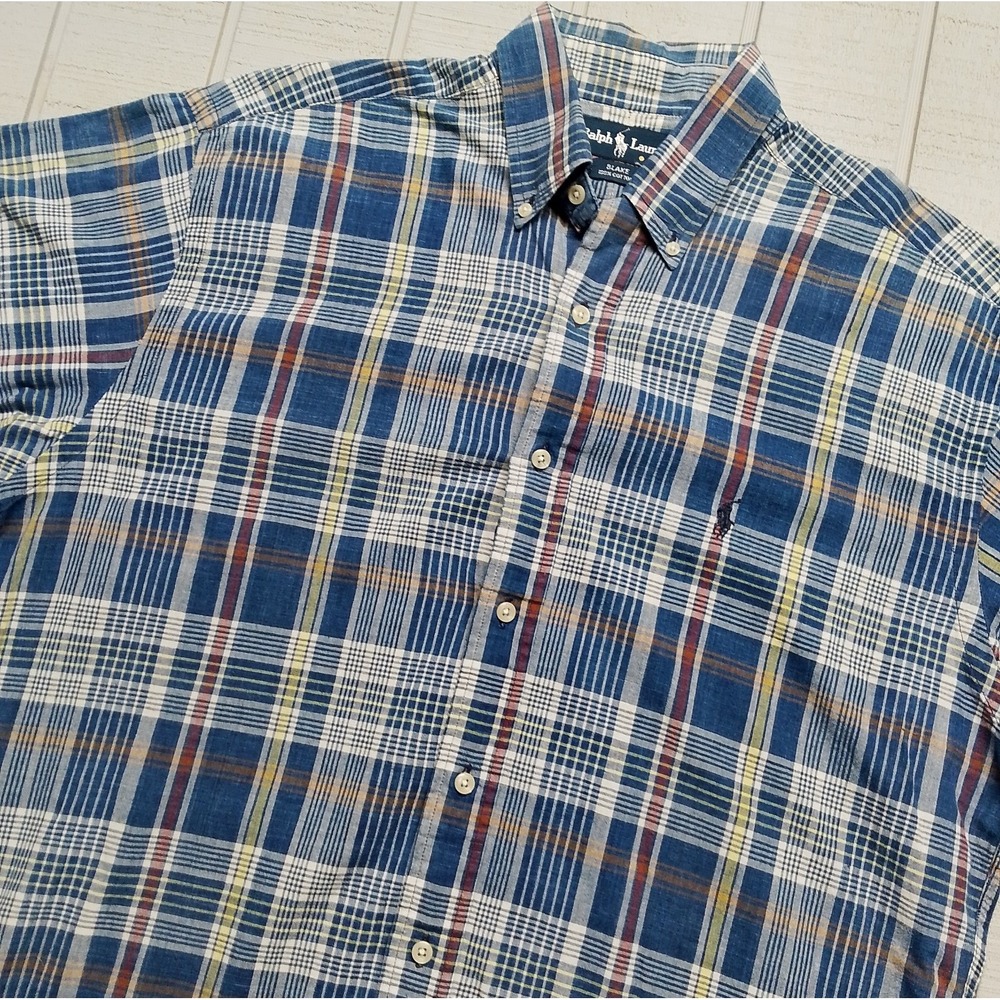 Ralph Lauren Blake Shirt Men's Size Medium Blue Plaid Short Sleeve - 100% Cotton